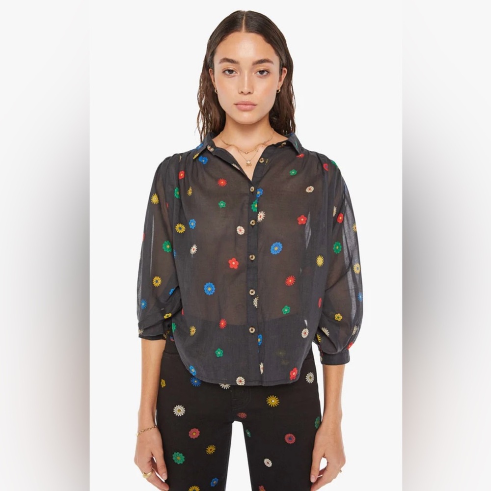 MOTHER Black Sheer Blouse with Colorful Floral Accents